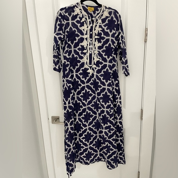 Roller Rabbit Long Blue Meena Kurta Monaco Pool Dress Size XS 100% Cotton 22 - Picture 2 of 11